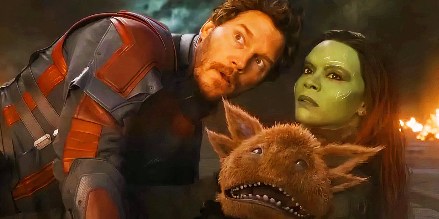 Star-Lord, Gamora and Blurp in Guardians of the Galaxy Vol. 3