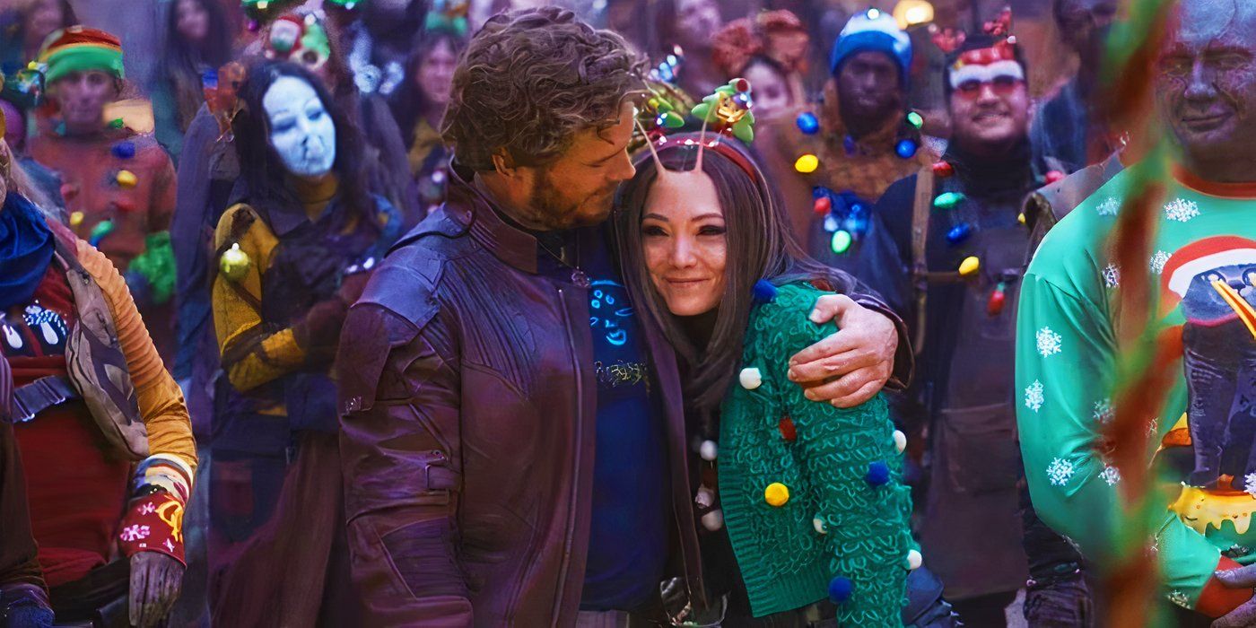 Star-Lord hugging Mantis in The Guardians of the Galaxy Holiday Special