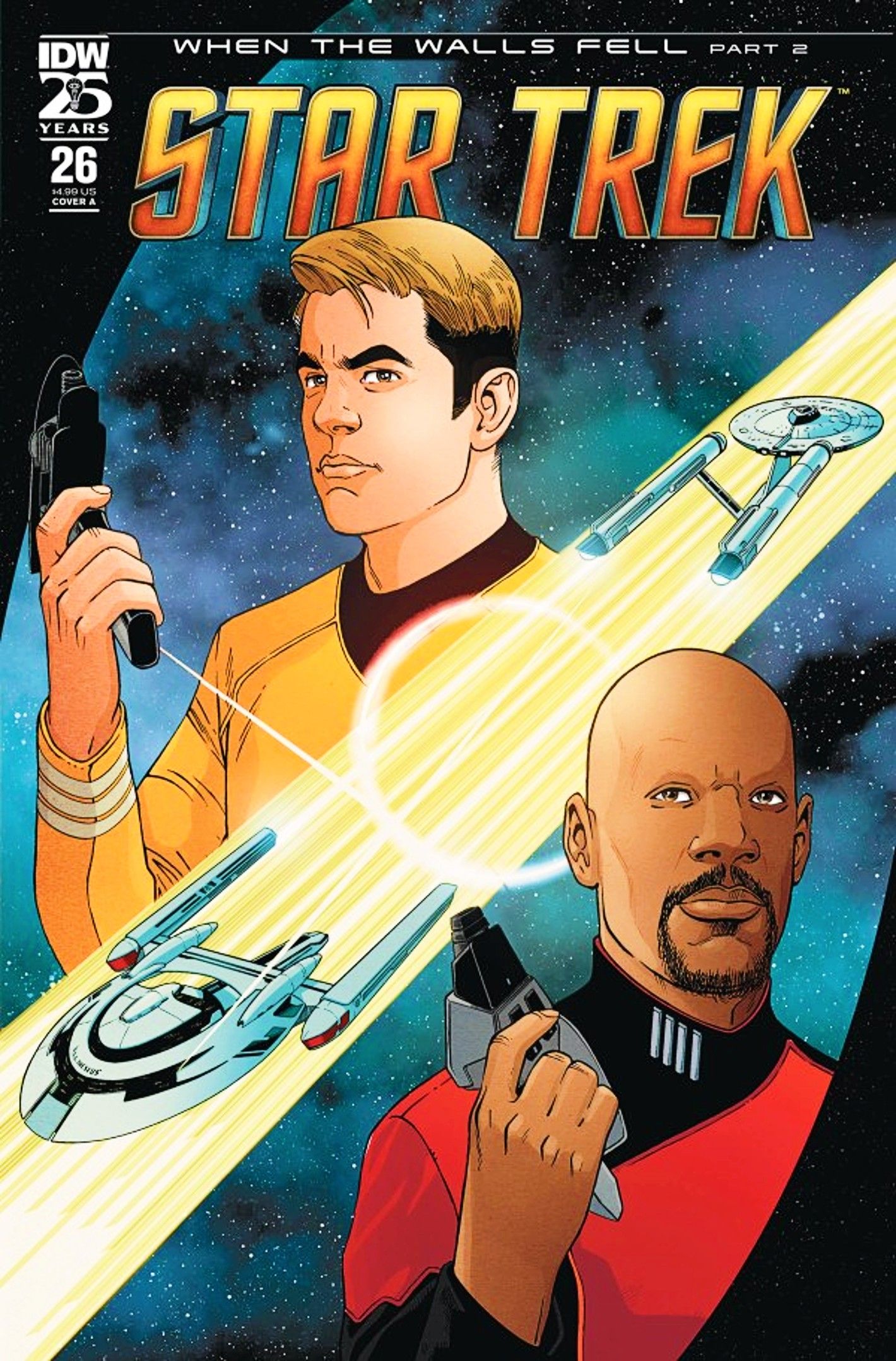 Capa de Star Trek #26, Sisko e Kirk segurando phasers