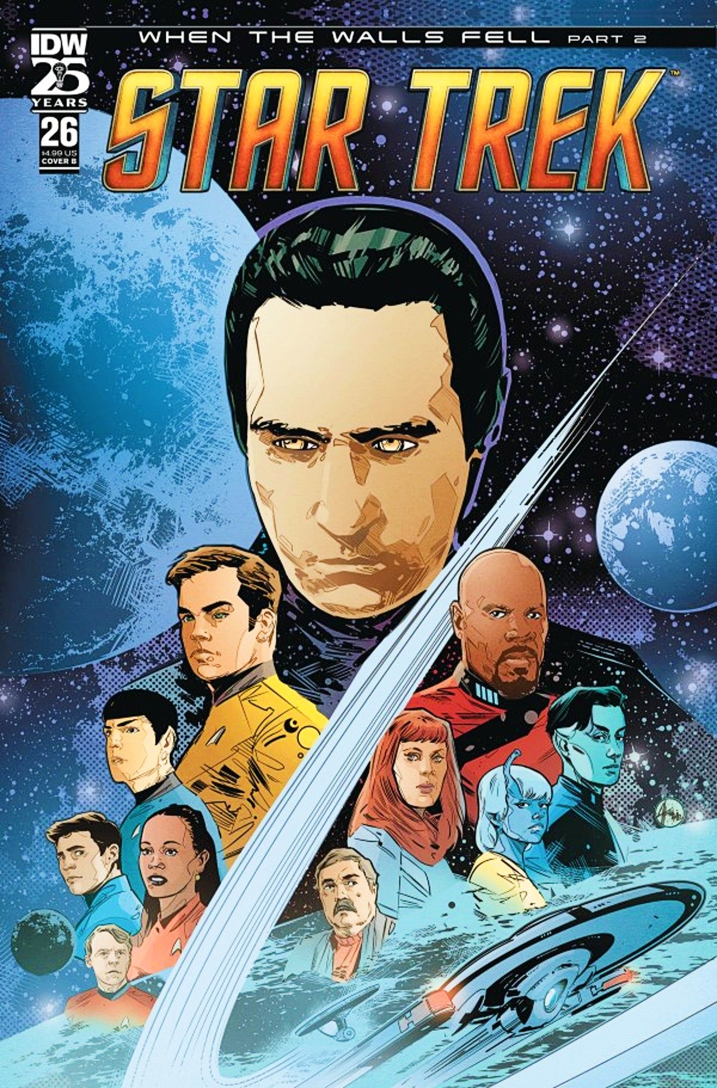 Capa variante de Star Trek #26, duas gerações de tripulações de Trek, pairando sobre Lore