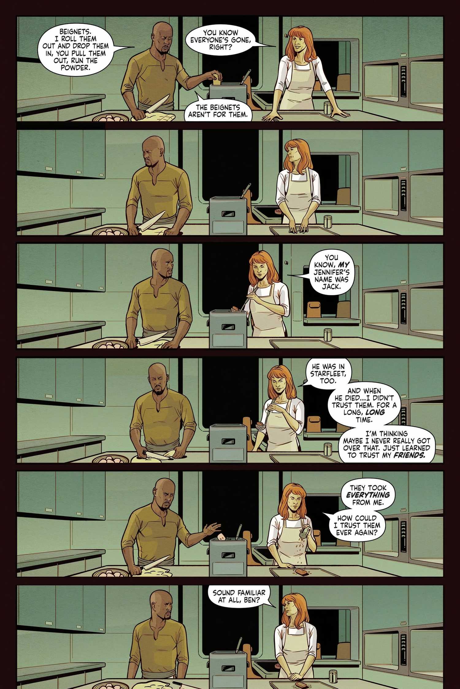 Six panels of Doctor Crusher and Sisko talking