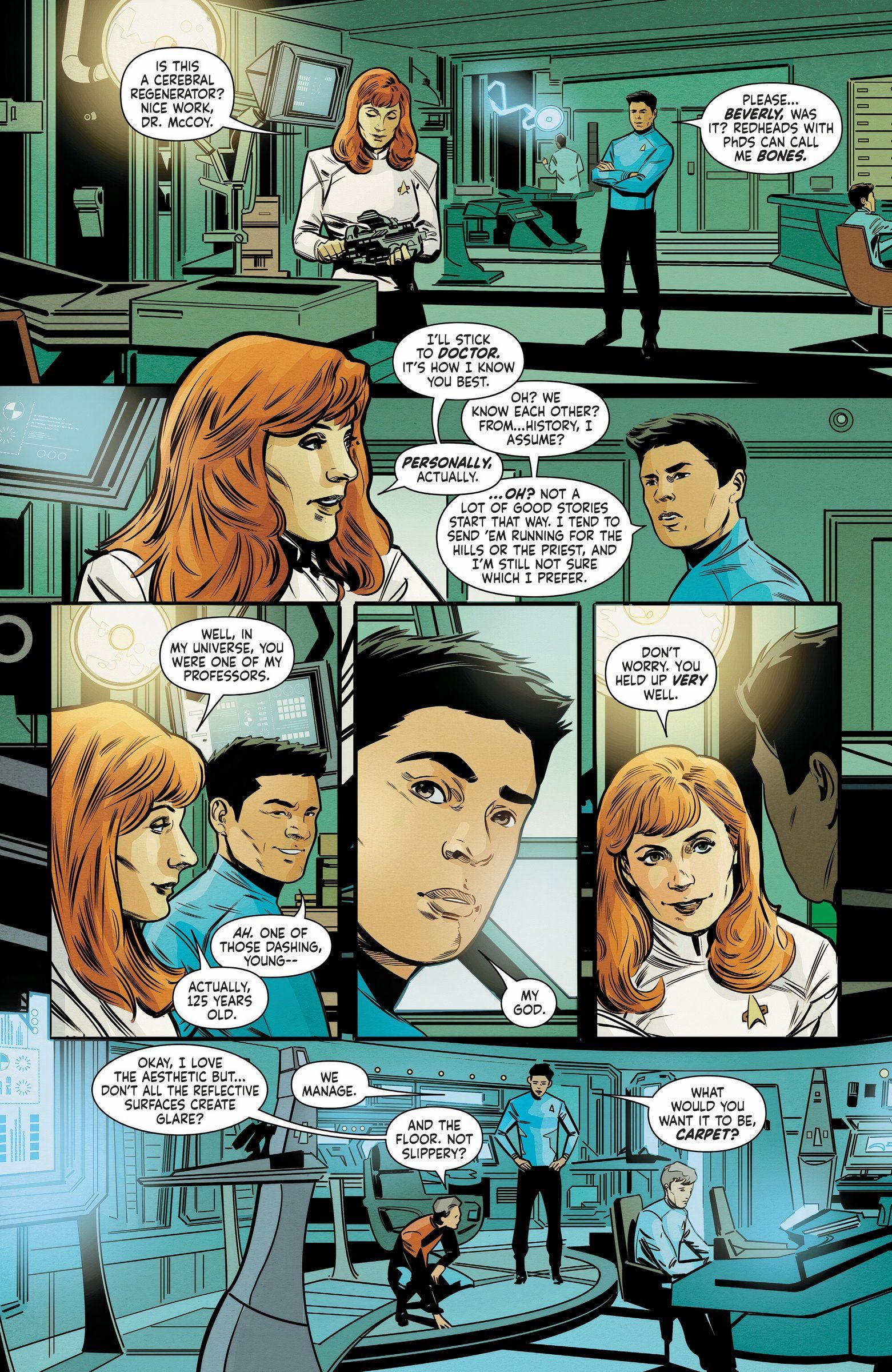 Five panels of the Theseus crew meeting the Kelvin Enterprise crew