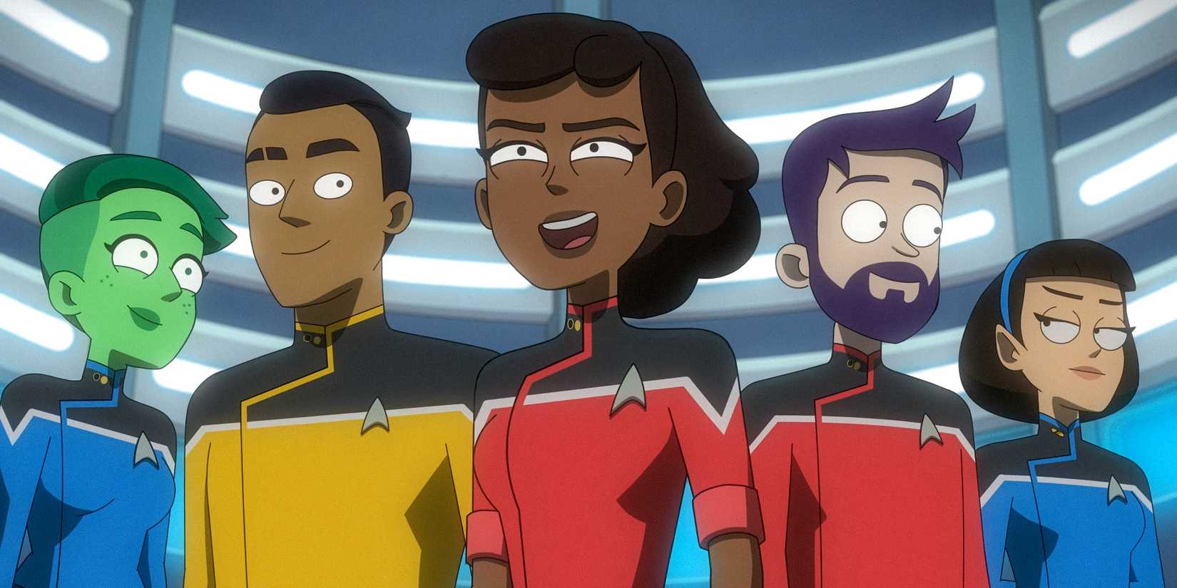 Tendi, Rutherford, Mariner, Boimler and T'Lyn, Cerritos' crew in Star Trek: Lower Decks Season 5 Ep 10