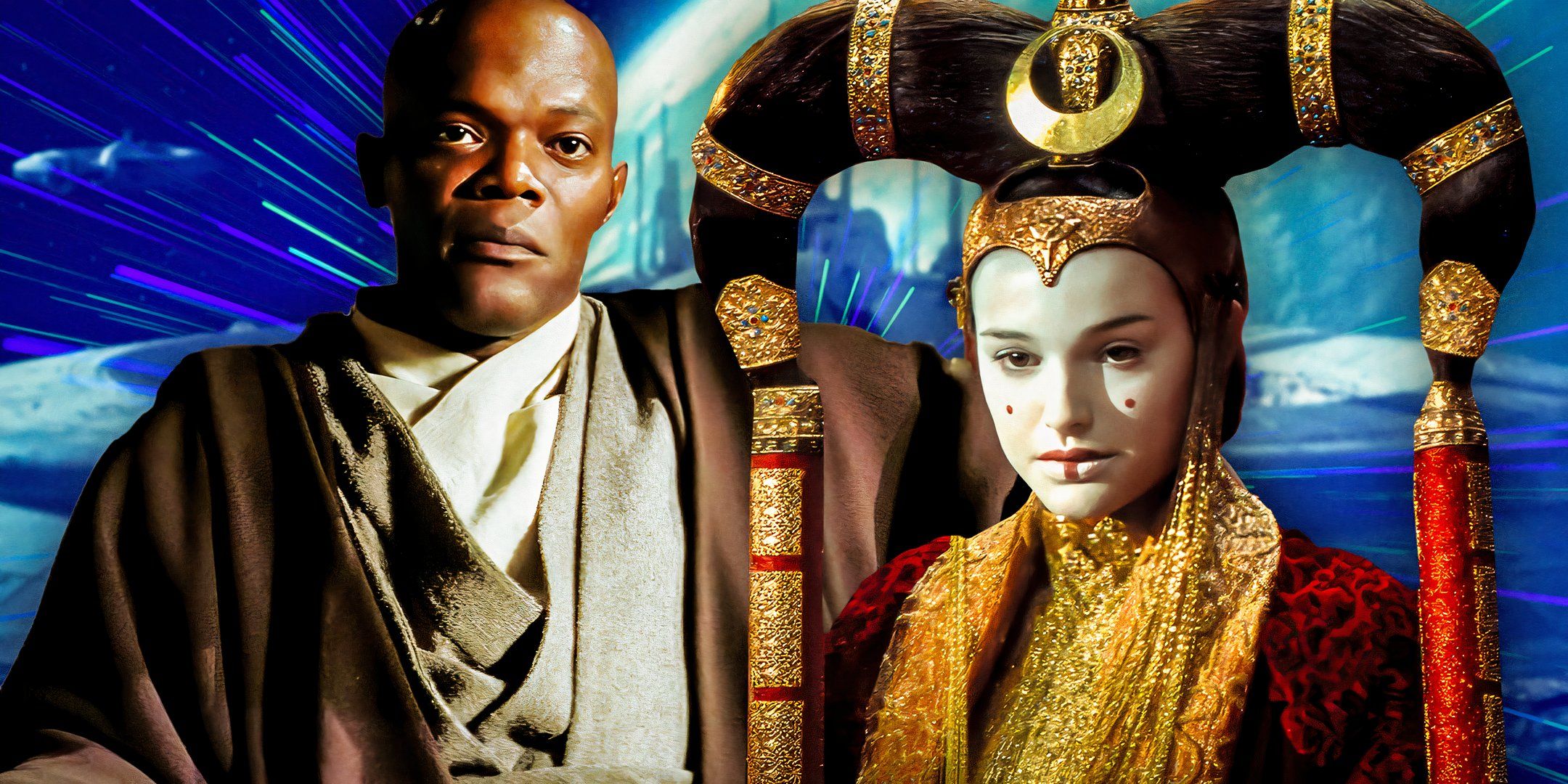 Mace Windu (Samuel L. Jackson) leans back in his Jedi Council chair, edited with Queen Padmé Amidala (Natalie Portman) wearing formal regalia in The Phantom Menace.