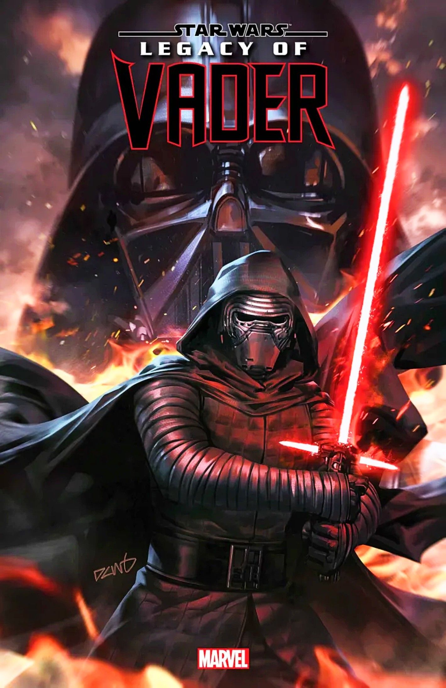 Portada de Star Wars: Vader's Legacy #1, Kylo Ren con su sable láser frente a la inminente máscara de Vader.