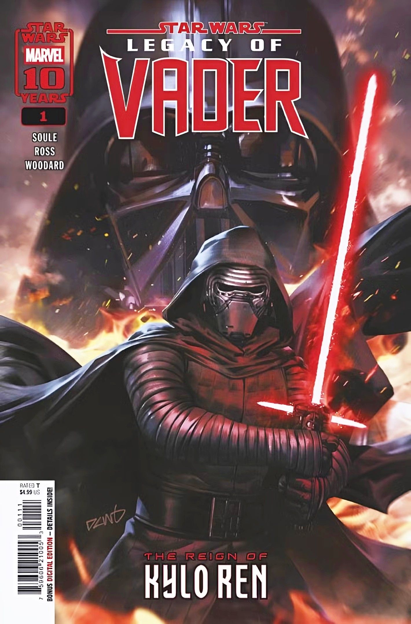 Capa de Star Wars Legacy of Vader, Kylo Ren empunhando seu sabre de luz enquanto o rosto de Vader paira sobre ele