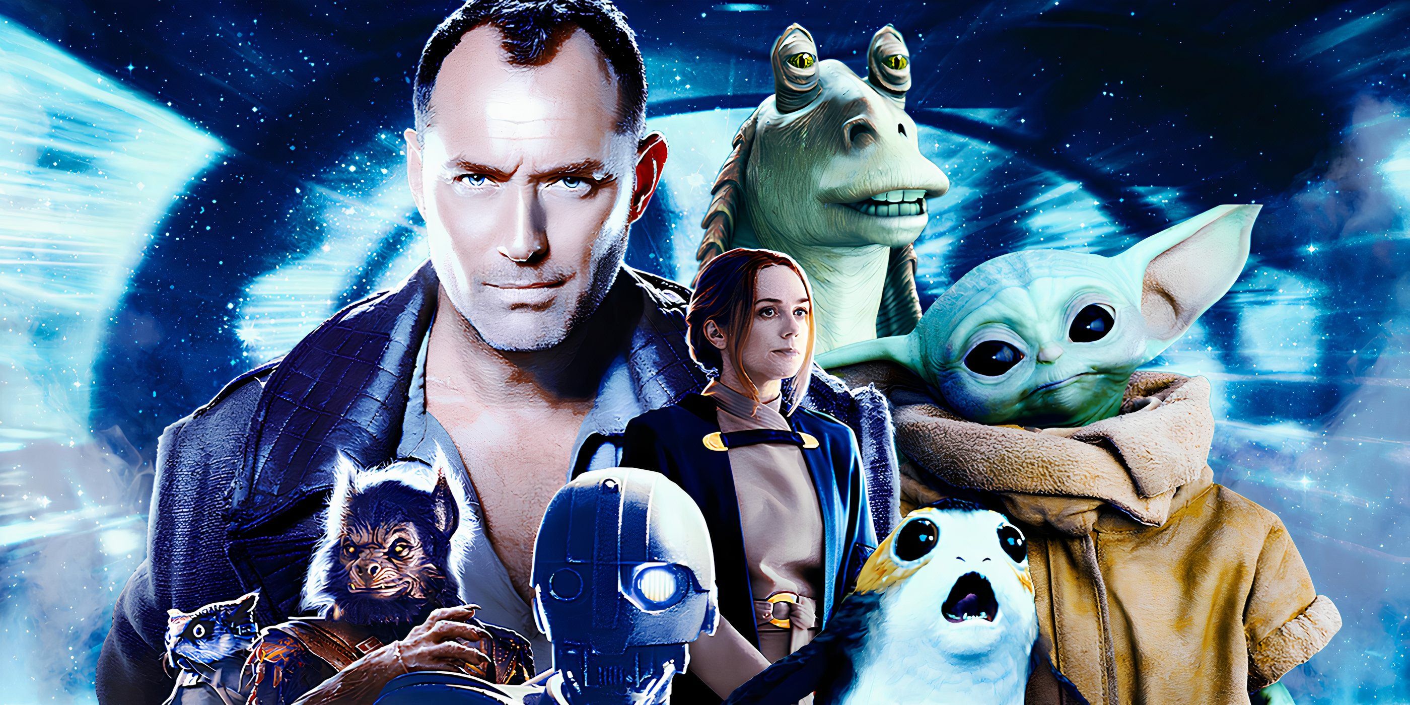 A poster for Skeleton Crew featuring Jod Na Nawood (Jude Law), Brutus, Kh'ymm, SM-33, and Fara (Kerry Condon), edited with Jar Jar Binks, Grogu, and a porg in the Star Wars franchise.