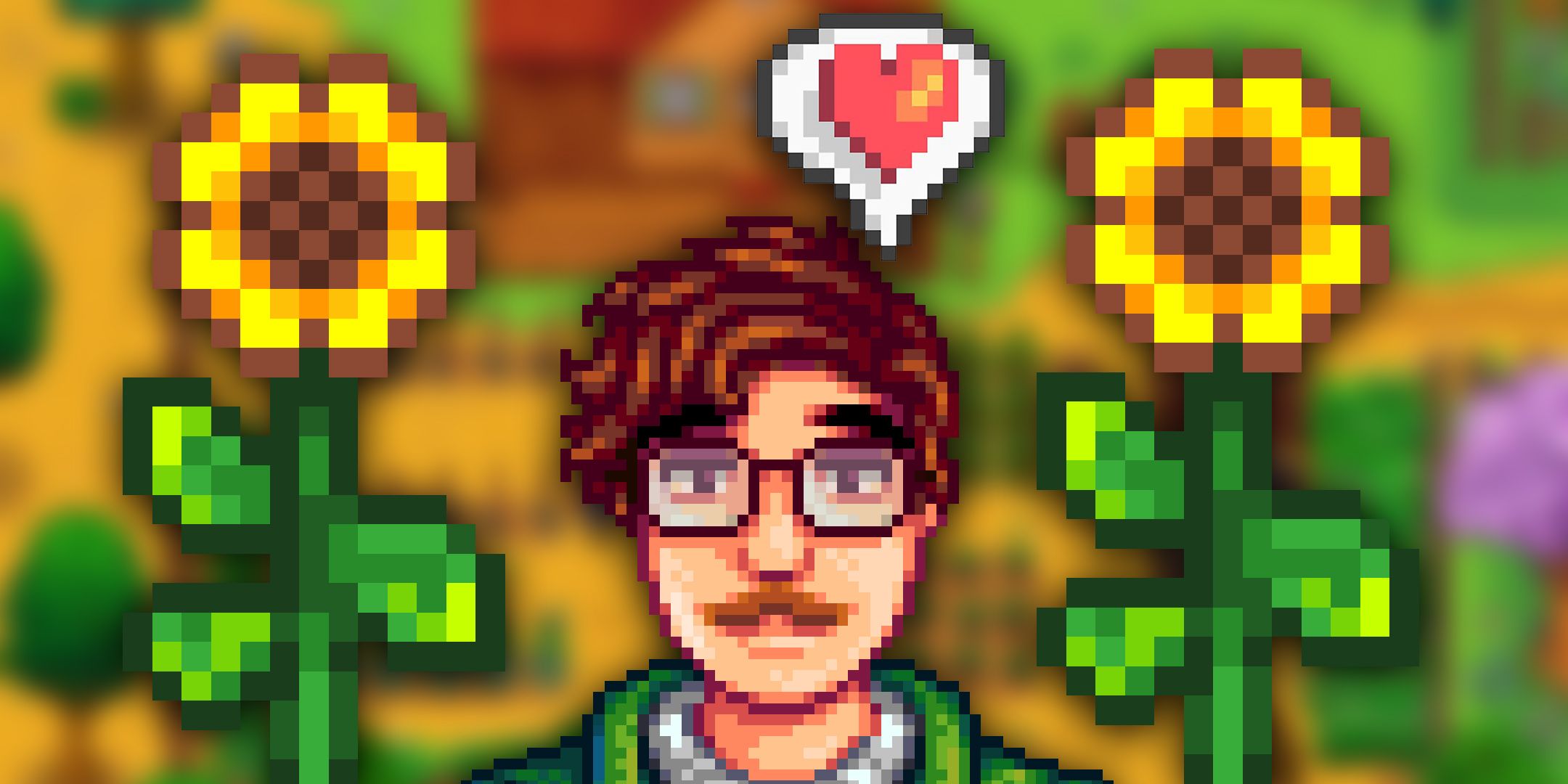 Harvey en Stardew Valley con un corazón sobre su cabeza y girasoles a los lados.