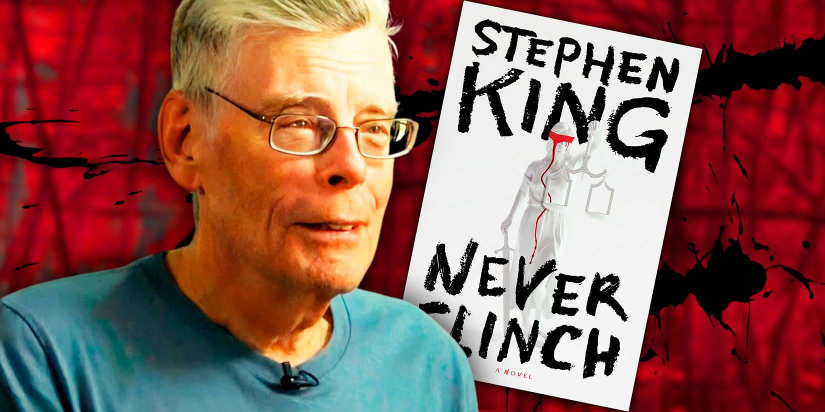Stephen King and the cover of Never Flinch with a red background