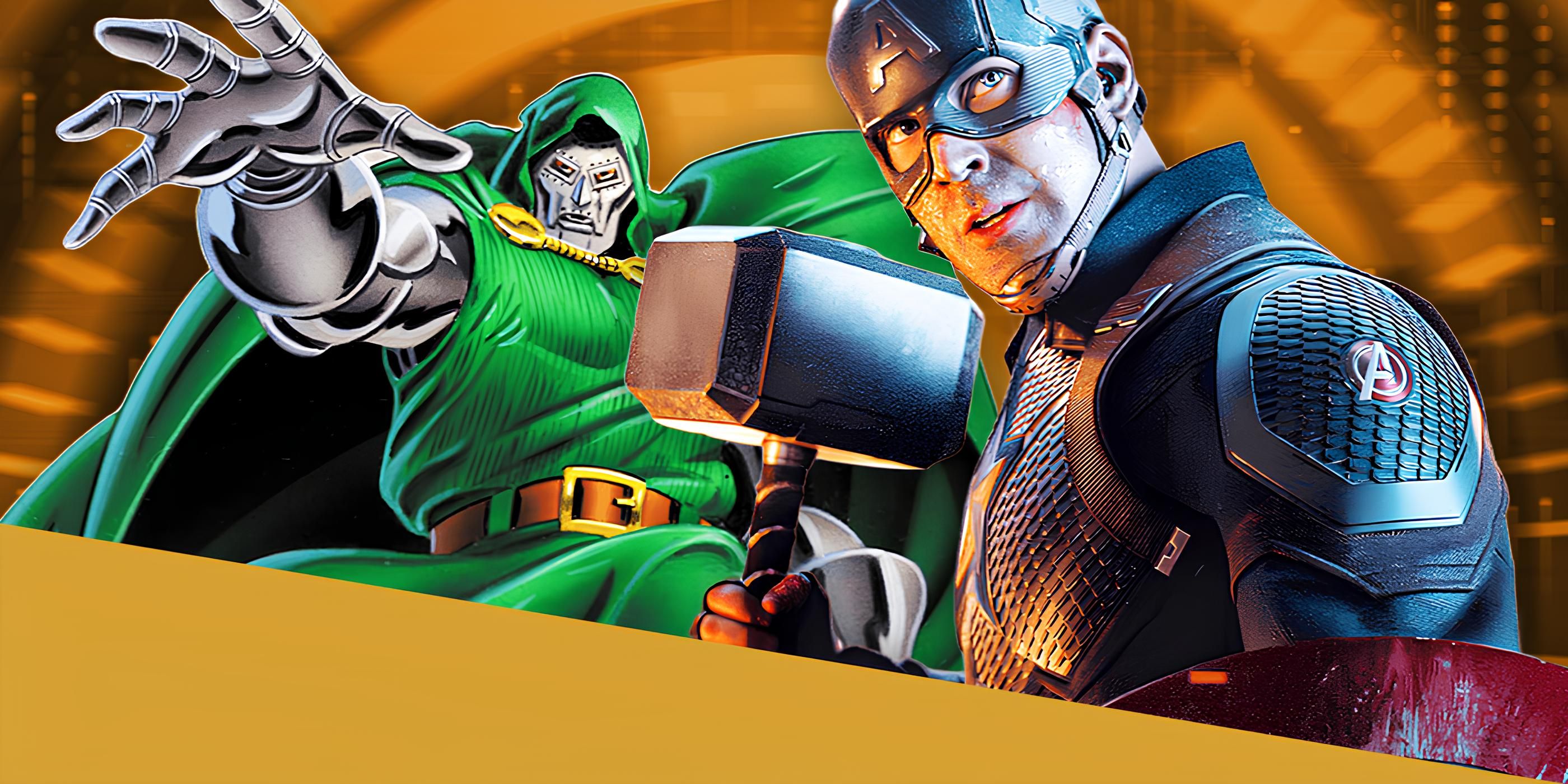 Steve in Endgame mode shield and Thor&rsquo;s hammer  and in the background Doctor Doom from the comics