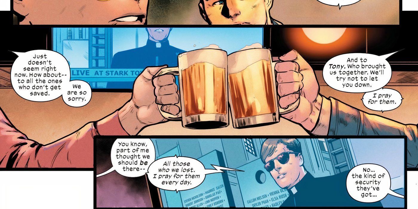 Steve Rogers fala sobre brindar ao morto Tony Stark tomando cerveja enquanto assiste ao noticiário