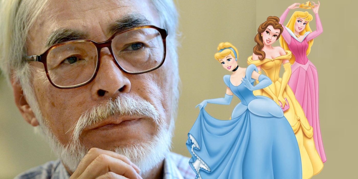 Hayao Miyazaki next to Cinderalla, Belle, and Aurora/Sleeping Beauty from Disney