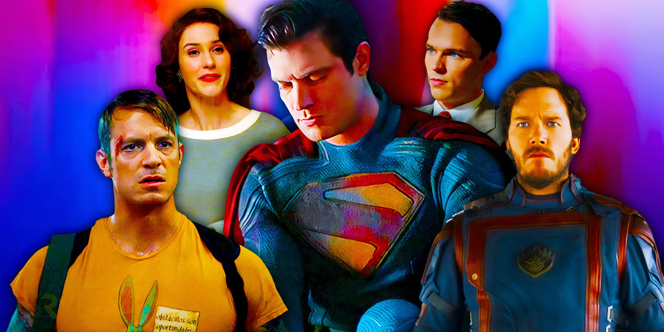 David Corenswet's Superman surrounded by Chris Pratt's Star Lord Joel Kinnaman's Rick Flag Rachel Brosnahan in a role that resembles Lois Lane and NIcolas Hoult in a role that looks like Lex Luthor with hair