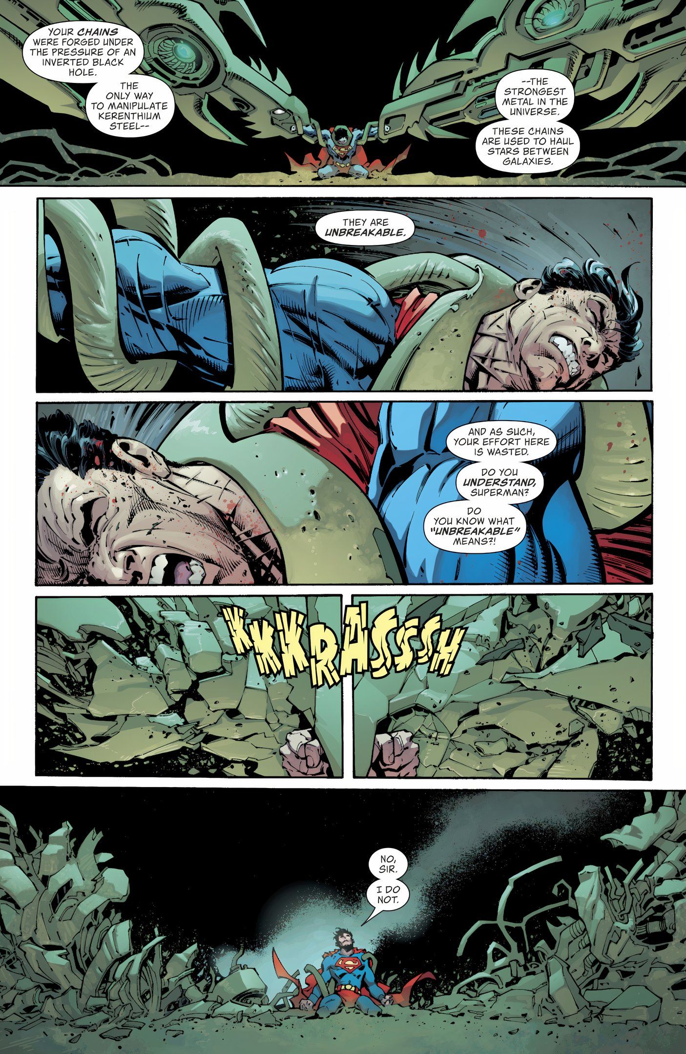 Comic book page: Superman Breaks Unbreakable Steel