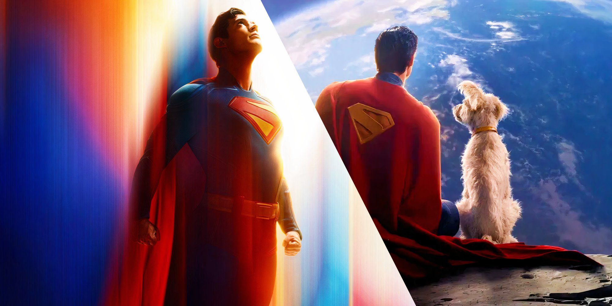 The poster for James Gunn's Superman (2025) in the DCU next to Clark and Krypto looking toward Earth