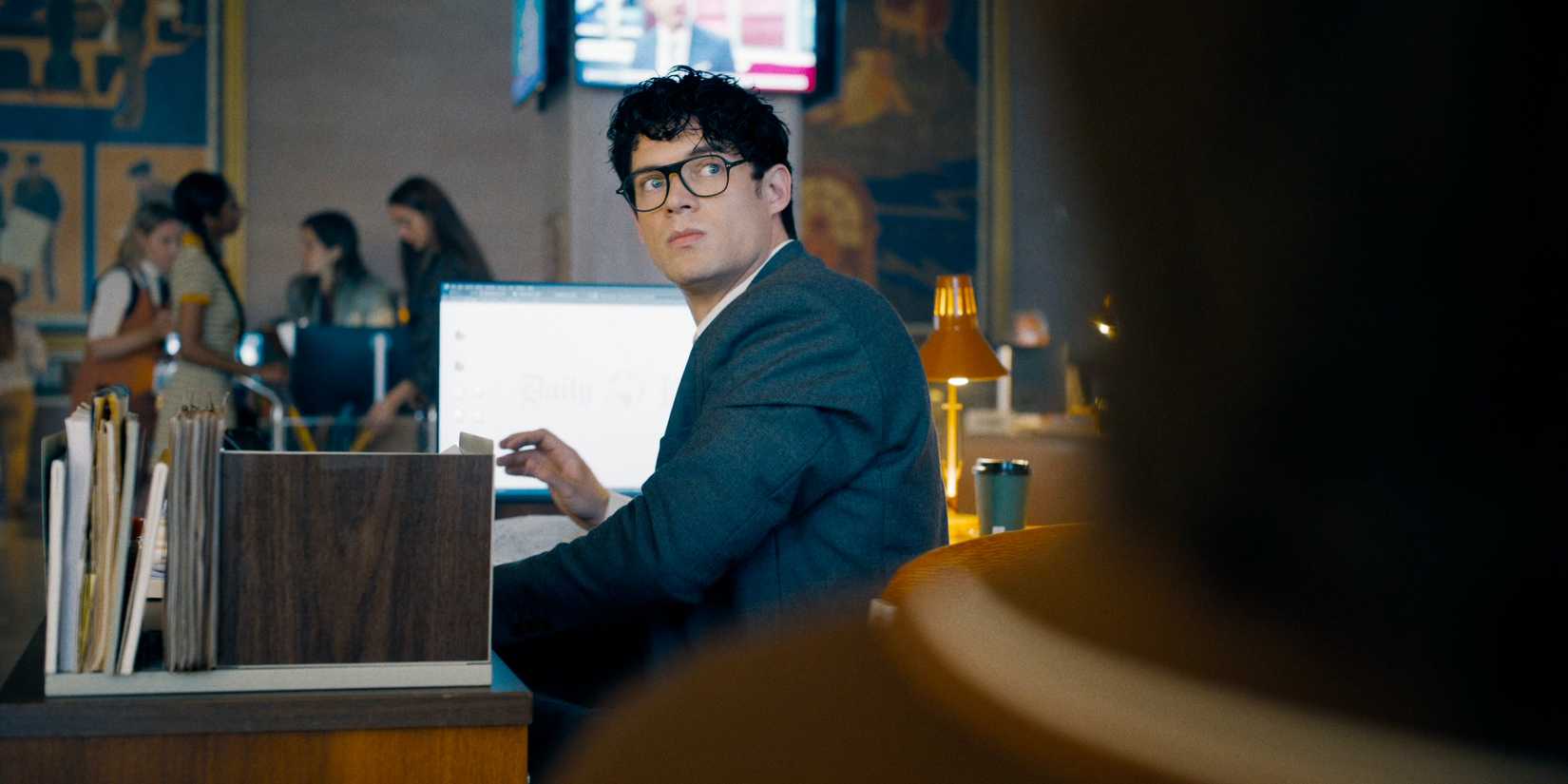 Superman Teaser Trailer scene with David Corenswet as Clark Kent turning around from a computer