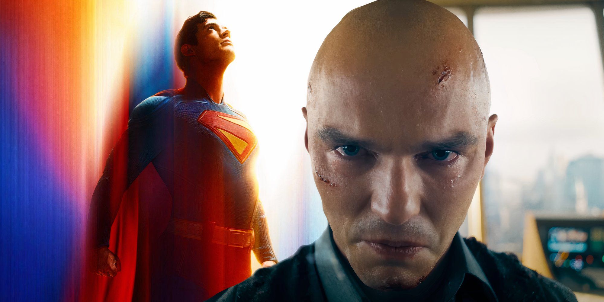 The poster for Superman (2025) next to Lex Luthor crying in the trailer