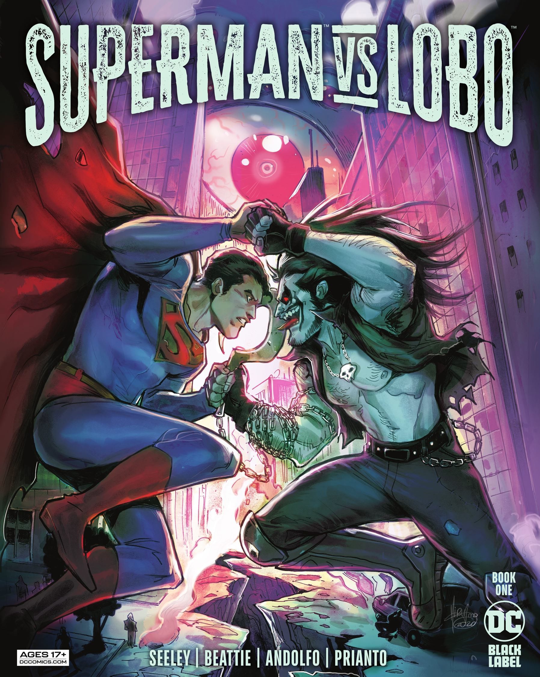 Comic book cover: Superman fights Lobo in a city alley