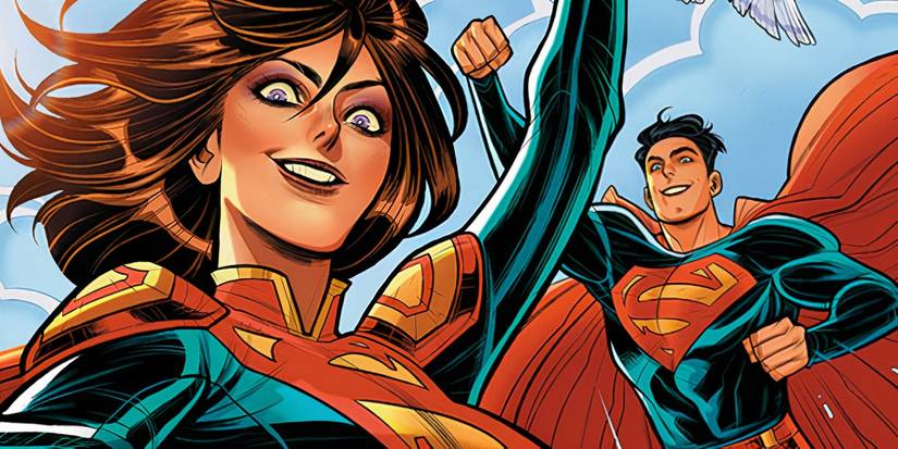 Comic book art: Lois Lane smiles as Superwoman with Superman in the background