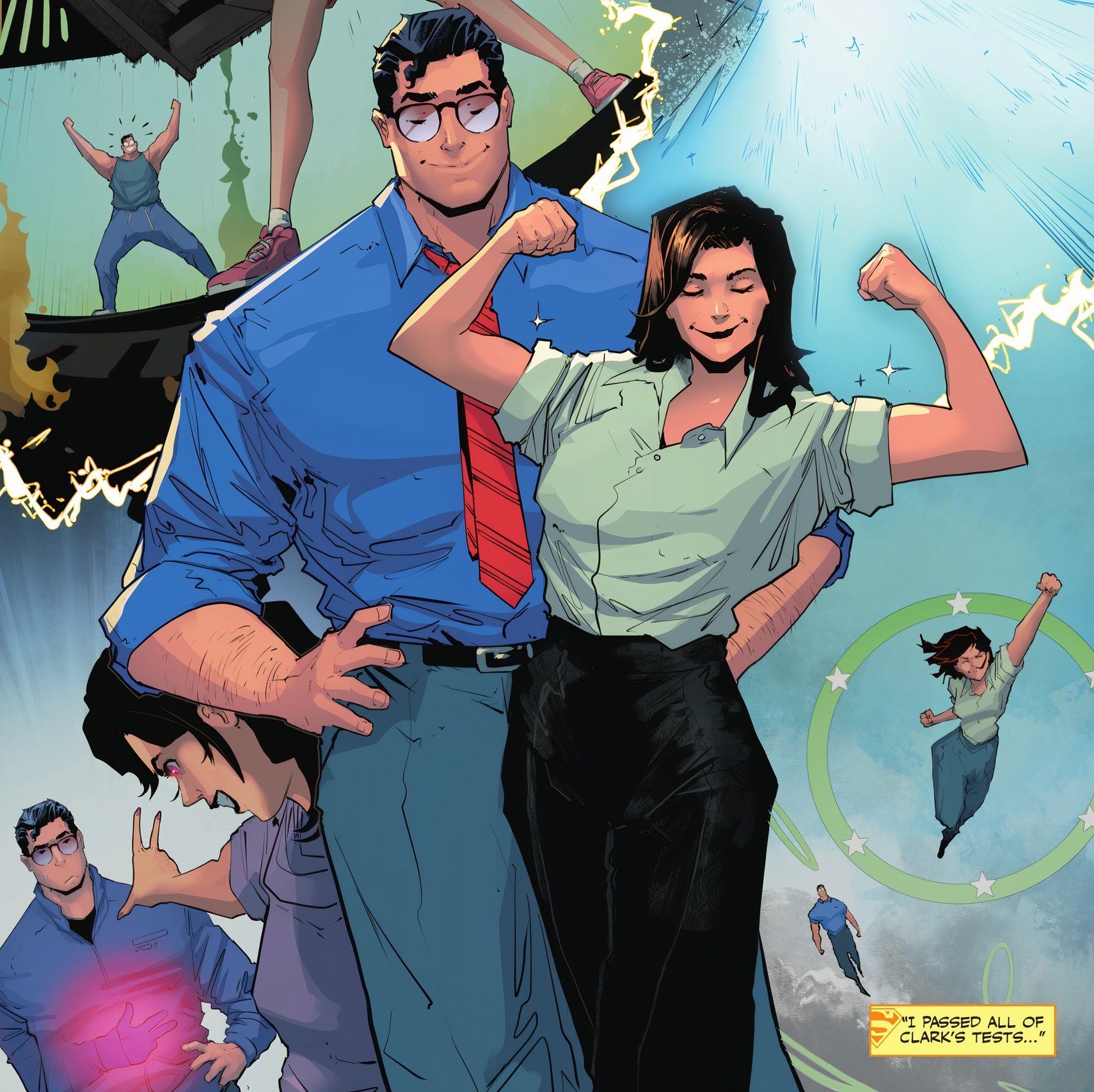 Painéis de quadrinhos: Lois Lane testa seus novos superpoderes com a ajuda de Clark, voando através de aros verdes.