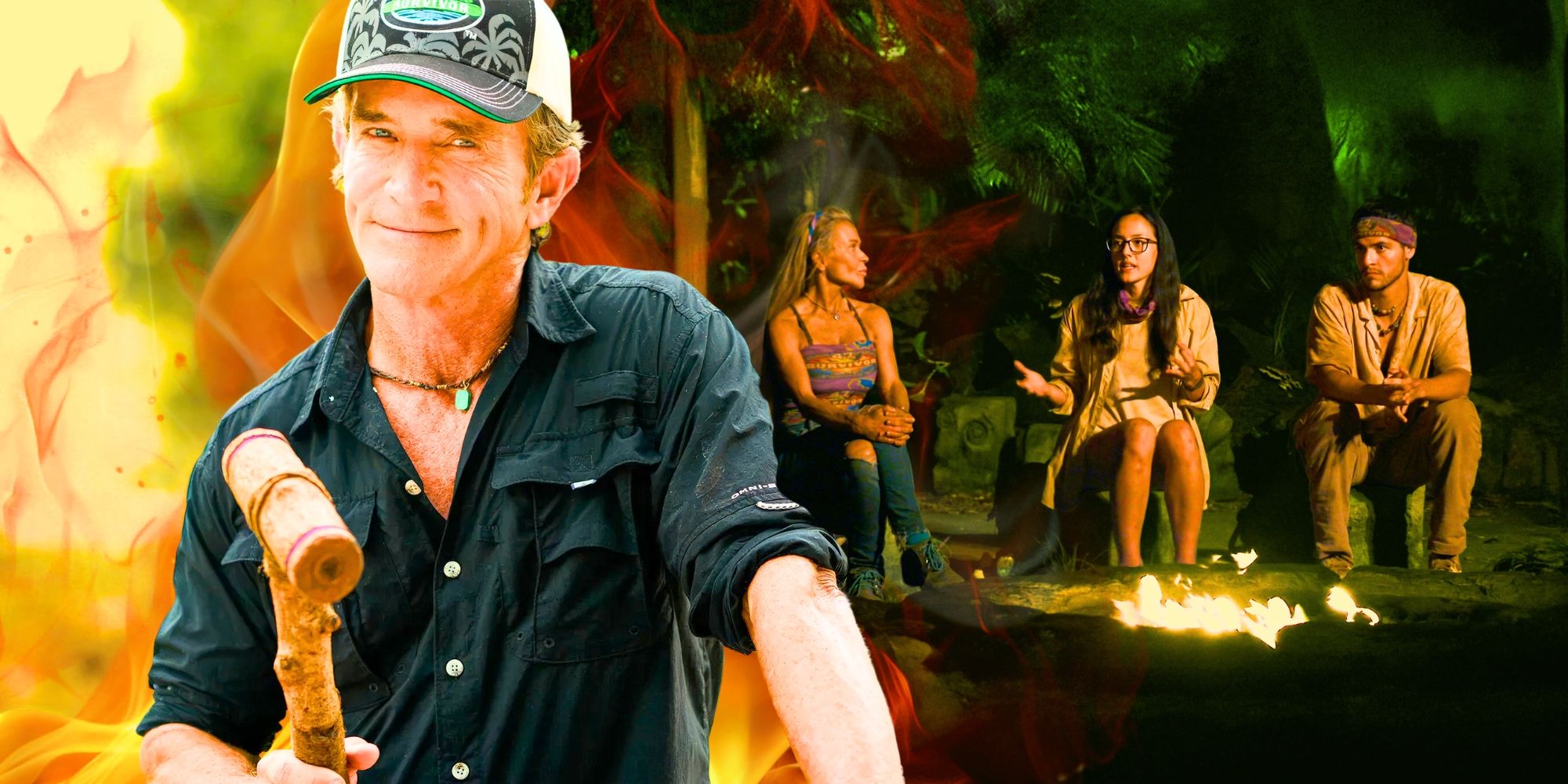 Survivor's Jeff Probst holds up a bamboo gavel, next to Sue, Rachel and Sam at Tribal Council.