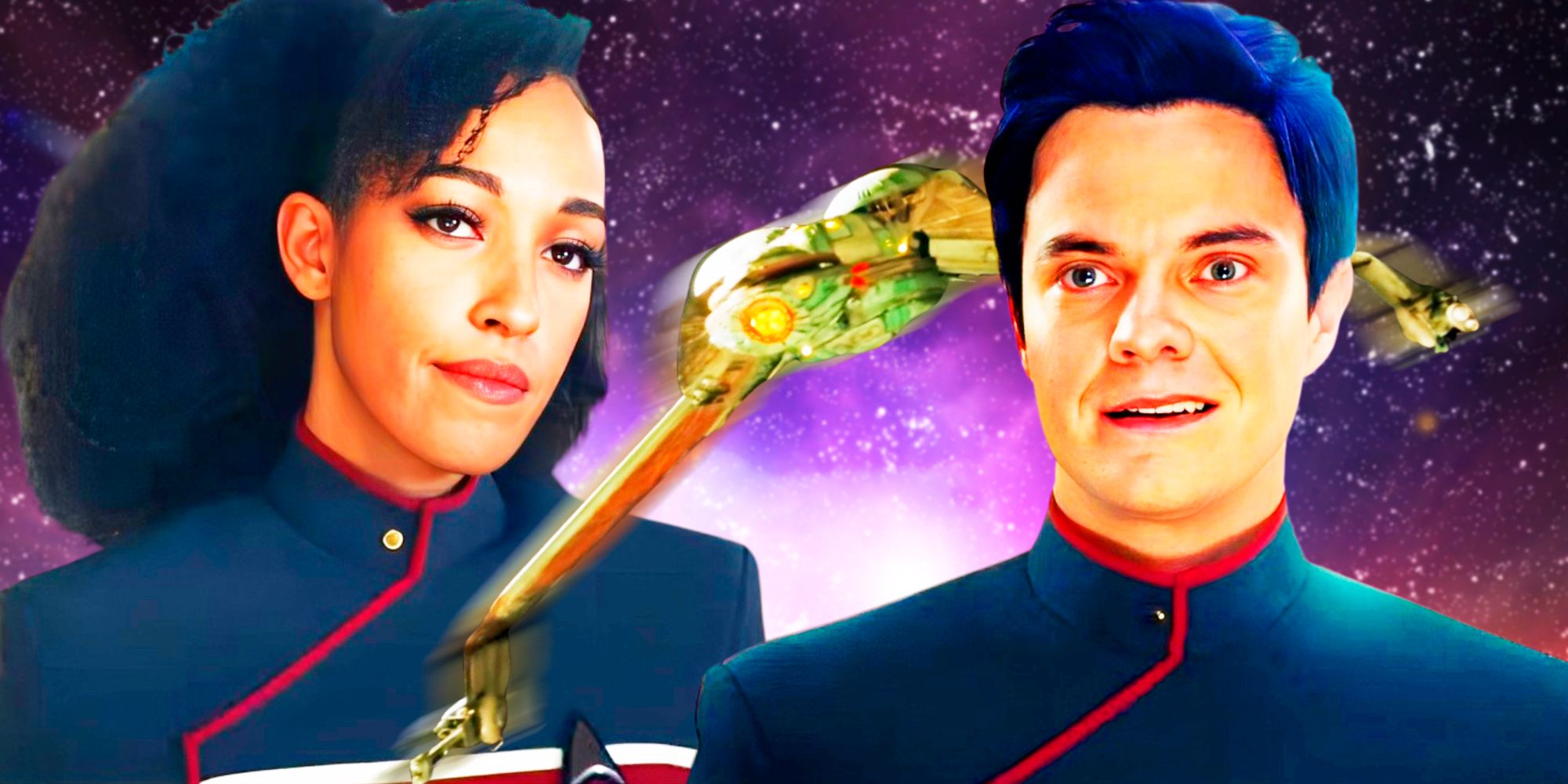 Tawny Newsome and Jack Quaid as live-action Beckett Mariner and Boimler with a Klingon Bird of Prey