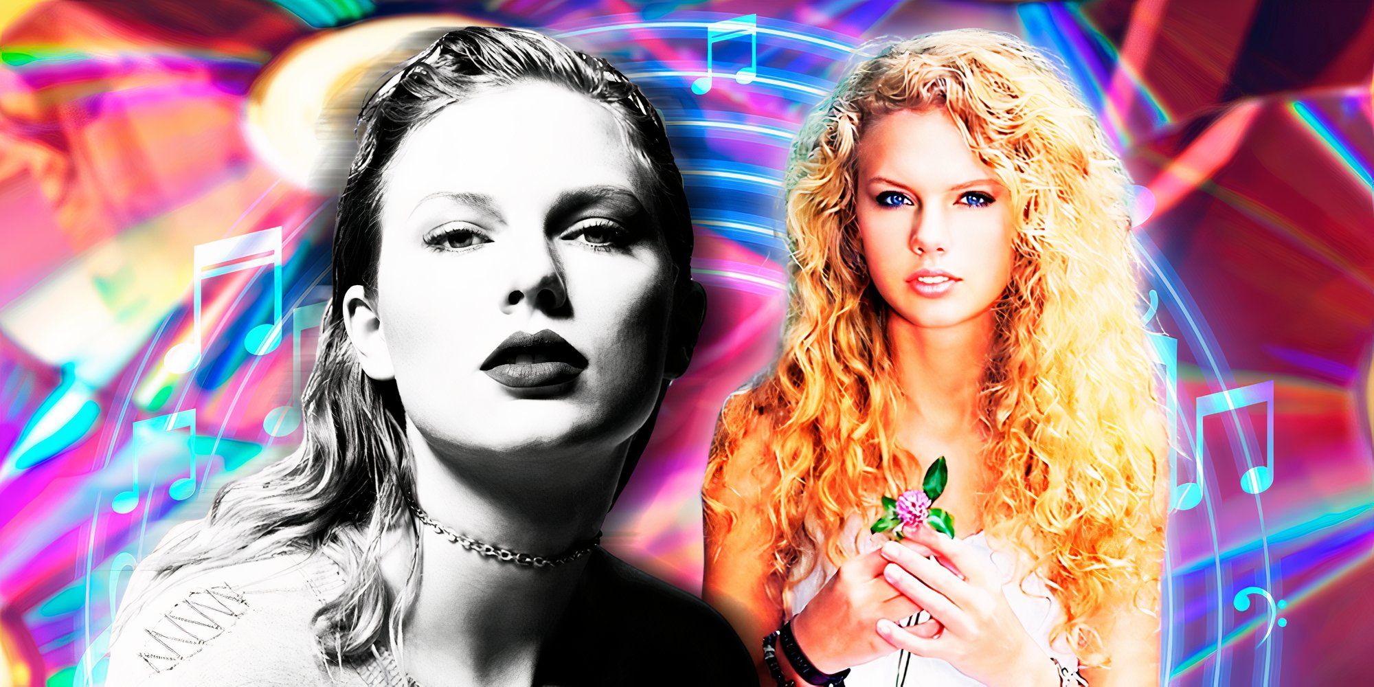 Taylor Swift in the original Reputation and Debut album covers, edited over a colorful musical background.