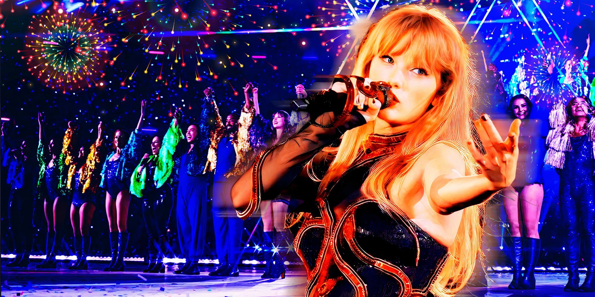 Taylor Swift in her Reputation outfit singing on The Eras Tour, edited over the Eras Tour dancers bowing during Karma.