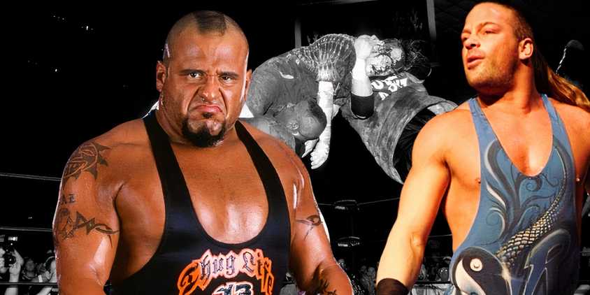 Taz and Rob Van Dam in front of the Dudleys performing the 3D