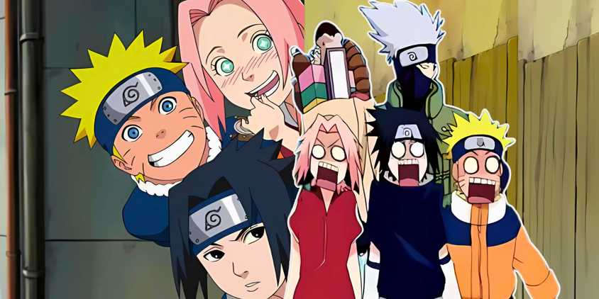 Team 7 picking behind a wall and Kakashi surprising Naruto, Sasuke, and Sakura in one picture
