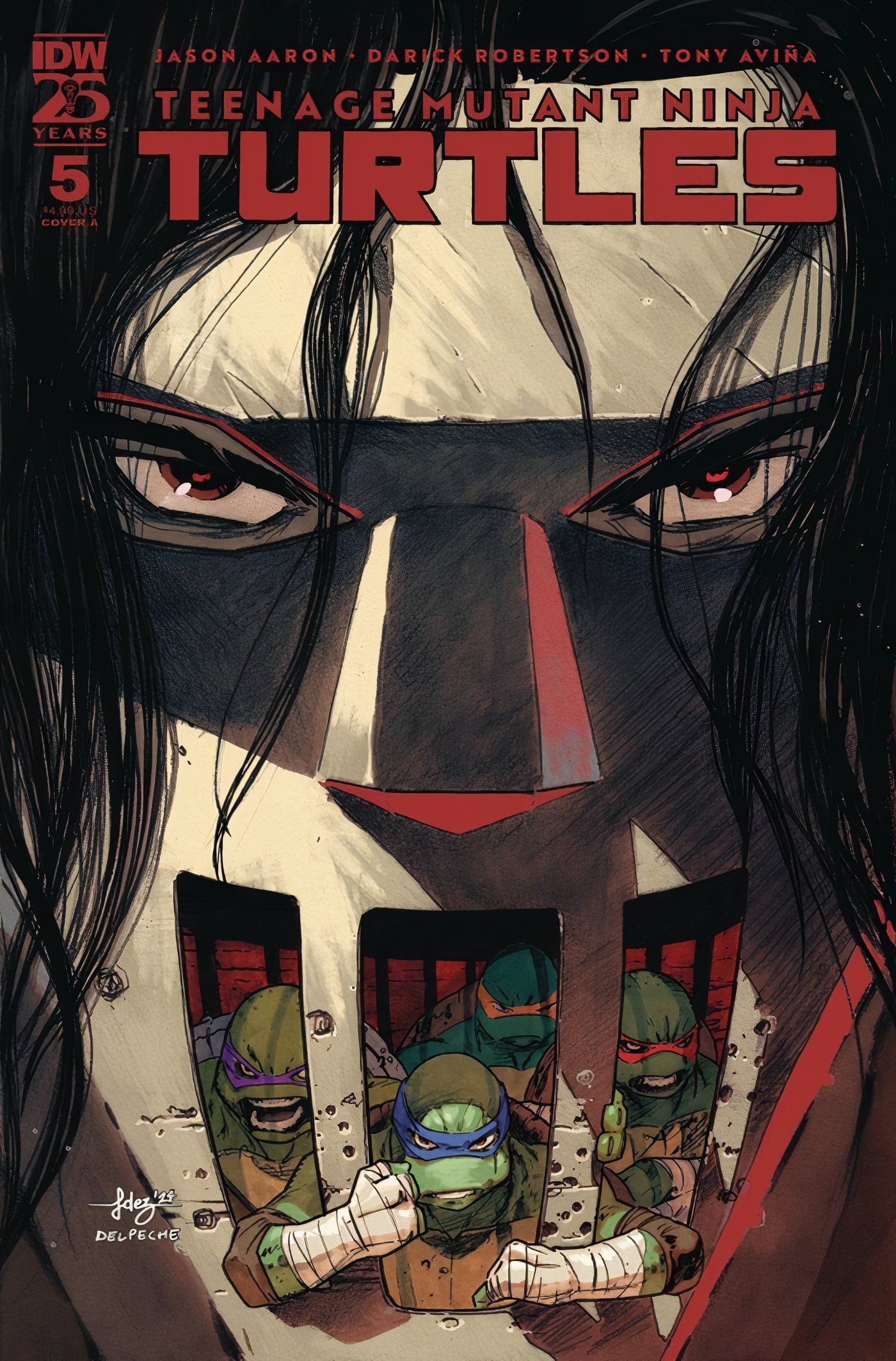 Cover art: The Ninja Turtles are trapped in a cage that is part of Casey Jones' iconic mask