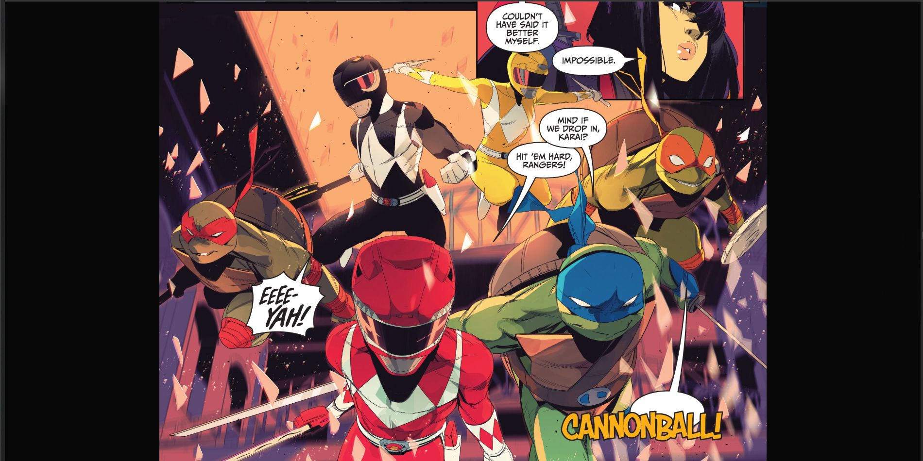 Comic book panels: Teenage Mutant Ninja Turtles meets the Mighty Morphin Power Rangers join forces