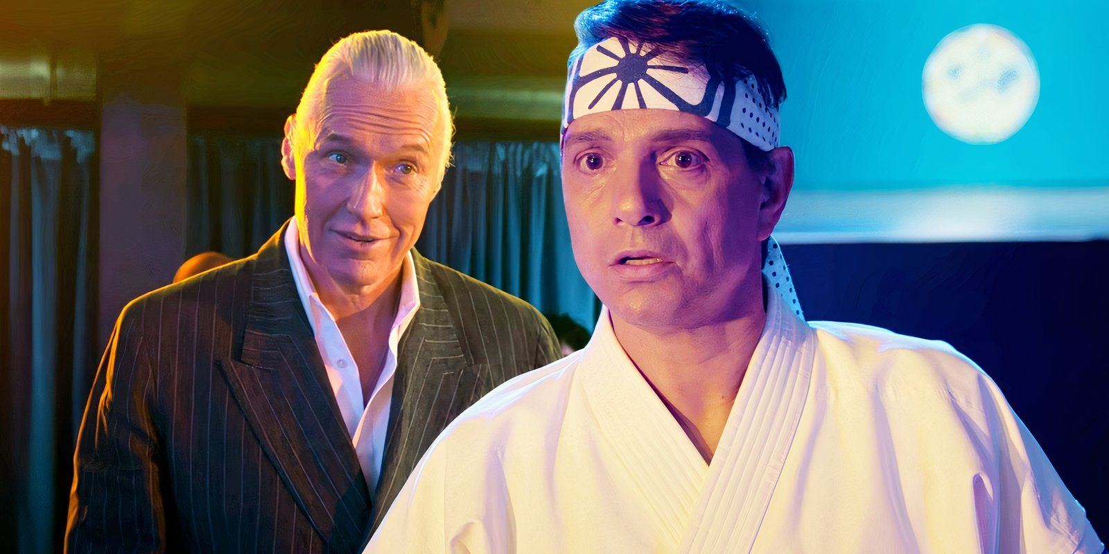 Terry Silver giving a glare while Daniel looks shocked in Cobra Kai season 6