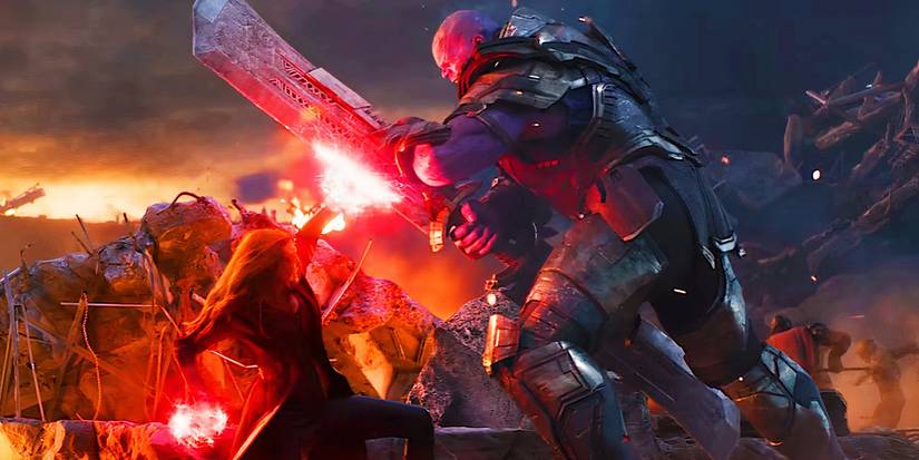 Thanos fighting Scarlet Witch in the Battle of Earth in Avengers Endgame