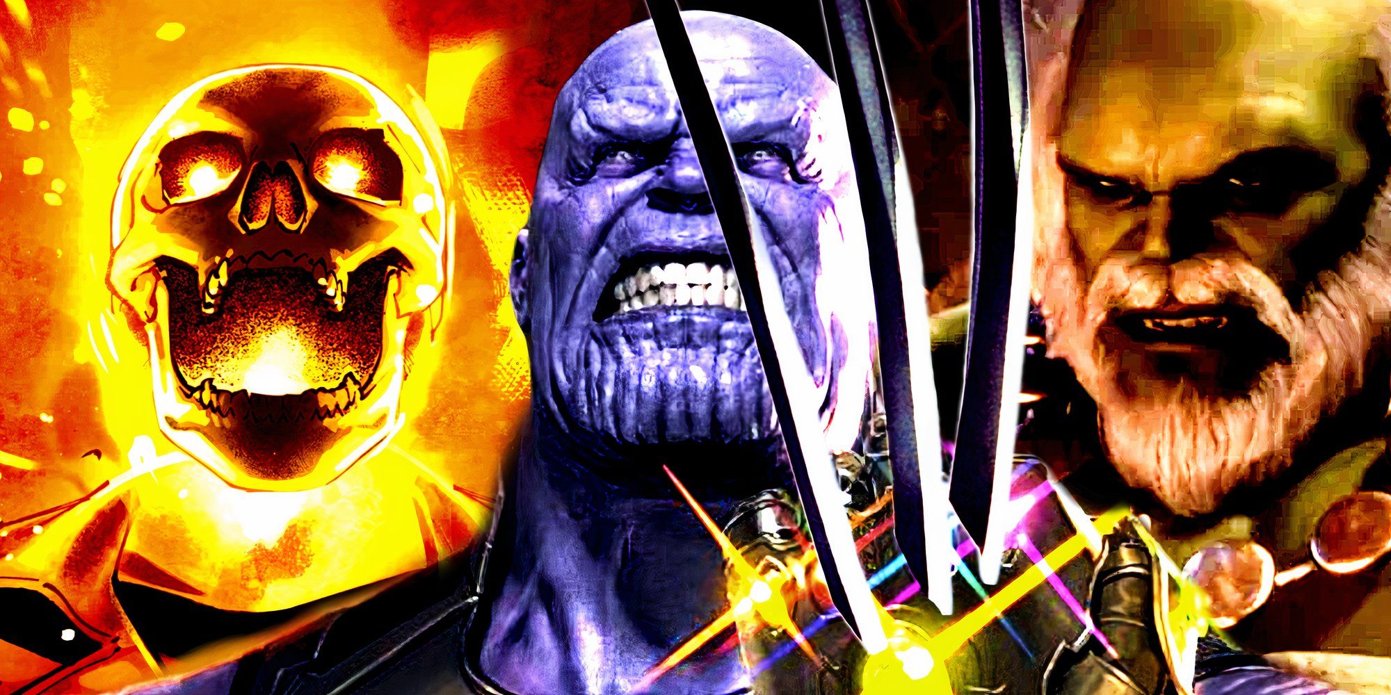 Thanos wields Wolverine's Adamantium claws and teams up with Ghost Rider and Maestro Hulk variants