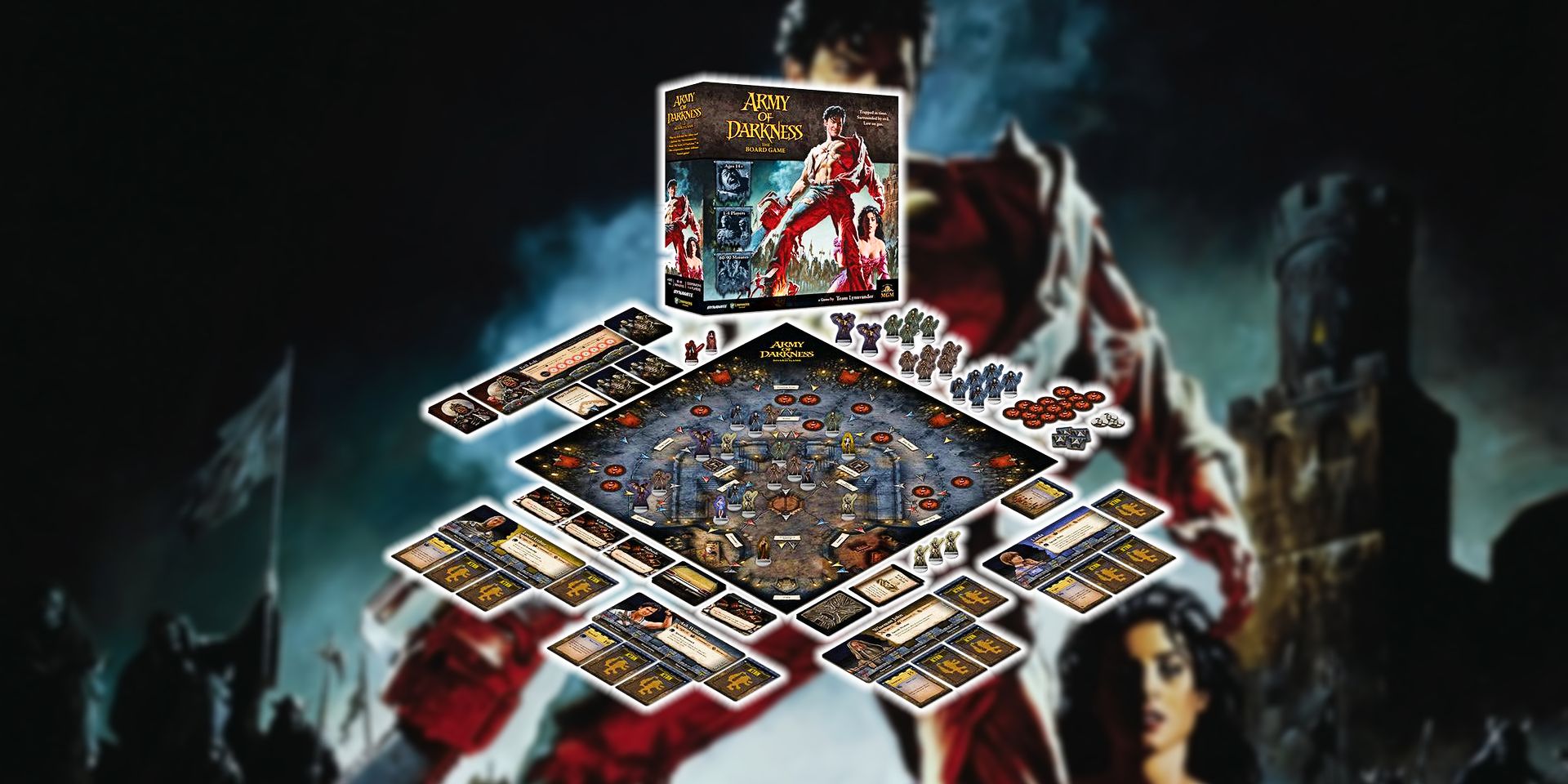 The Army of Darkness board game in front of a movie poster.