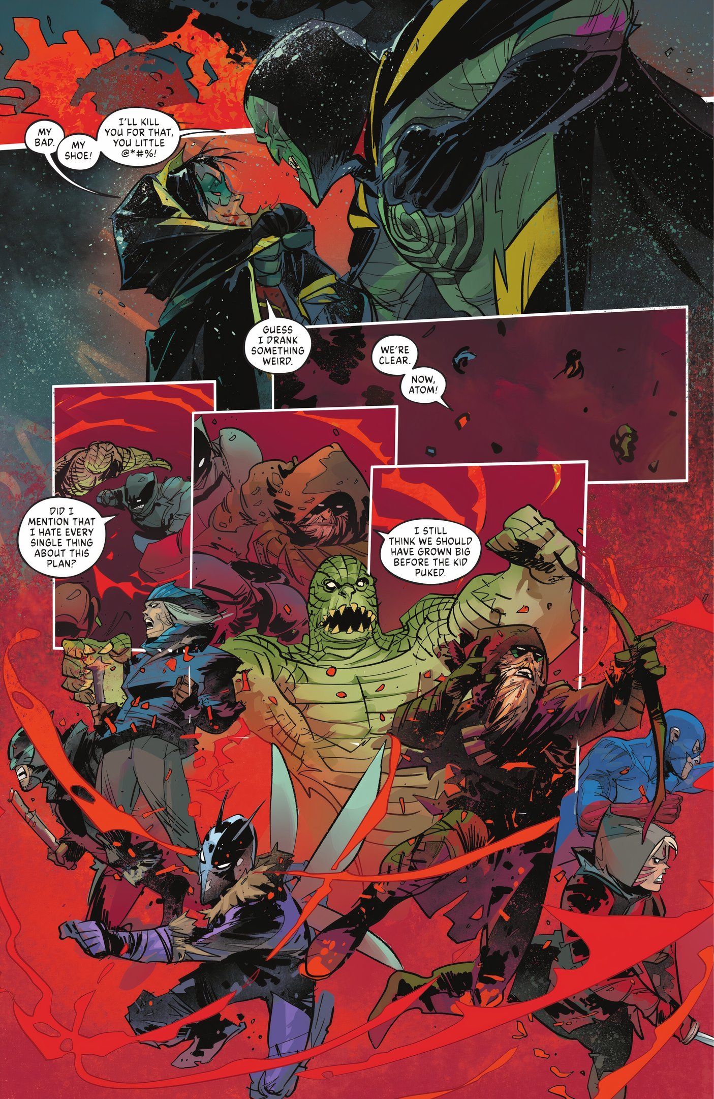 Comic book page: The Atom And Other Heroes Hide In Damian&rsquo;s Vomit