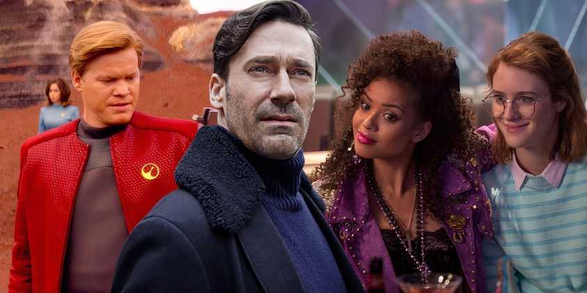 Collage of Jesse Plemons, Jon Hamm, Gugu Mbatha-Raw and Mackenzie Davis in Black Mirror