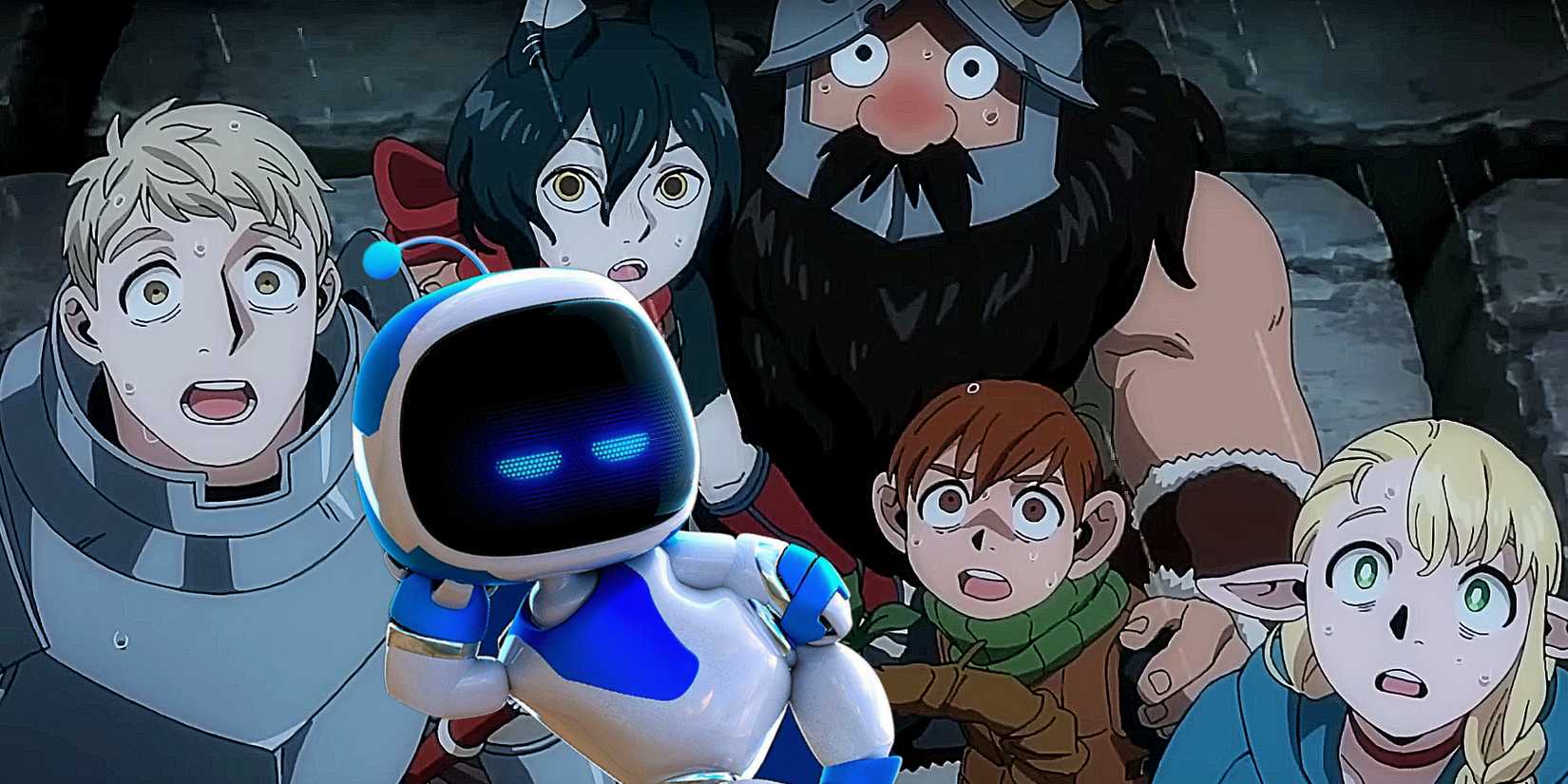 The crew from Delicious in Dungeon meets the current Sony mascot Asrobot