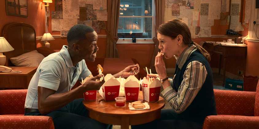 The Doctor and Anita eating Chinese food in the Doctor Who 2024 Christmas special.