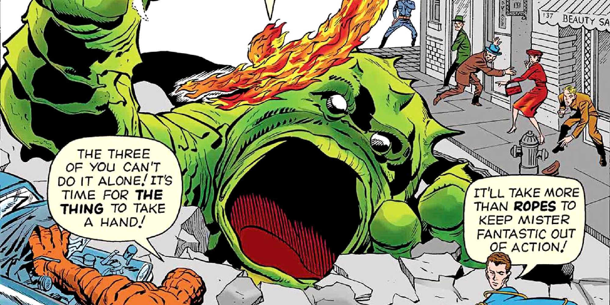 The Fantastic Four battle GIganto in their first Marvel Comics issue