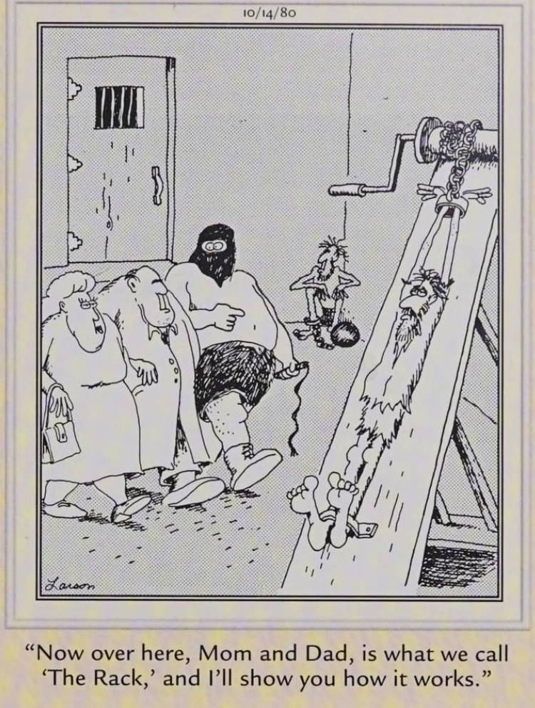 The Far Side, October 14, 1980, a torturer shows his parents around his workplace
