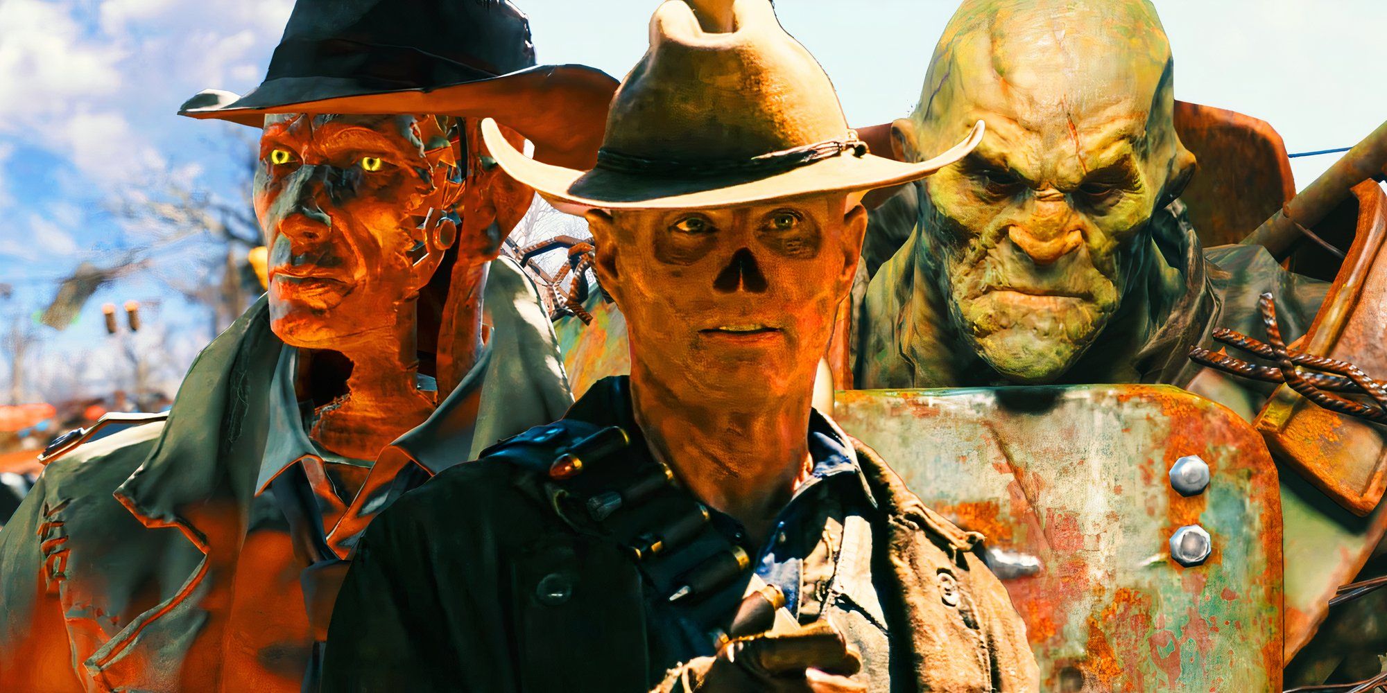 The Ghoul from the Fallout show in front of a Super Mutant from Fallout 4 and Nick Valentine from Fallout 4