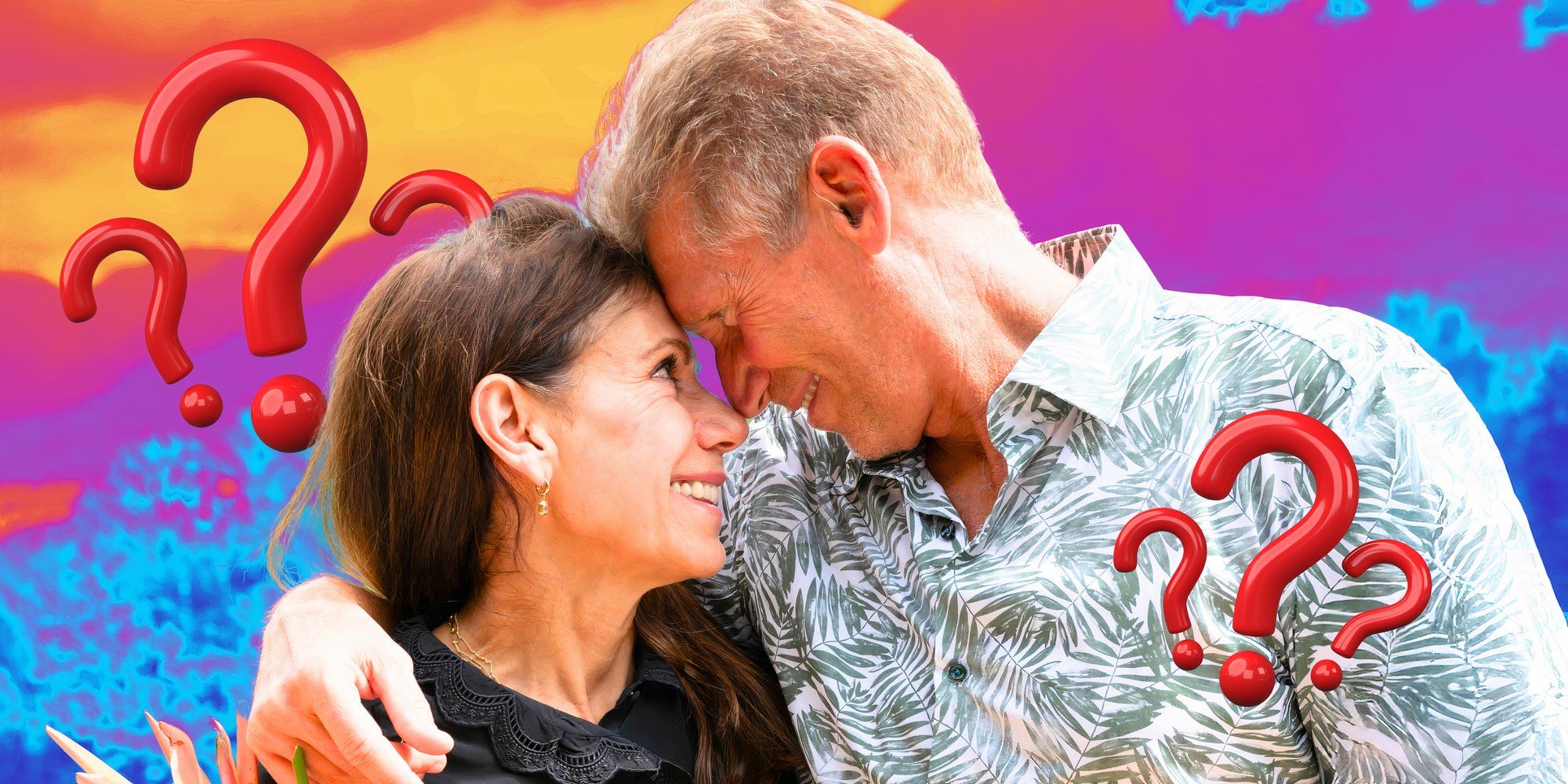 the golden bachelor stars theresa nist and gerry turner cuddling and smilng with questions marks amid colorful background