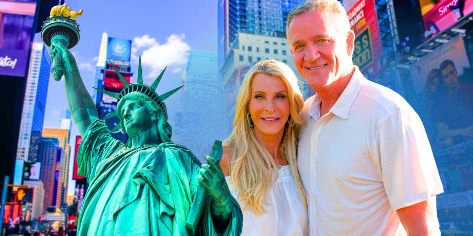 The Golden Bachelorette Joan Vassos & Chock Chapple posing smiling with NYC background