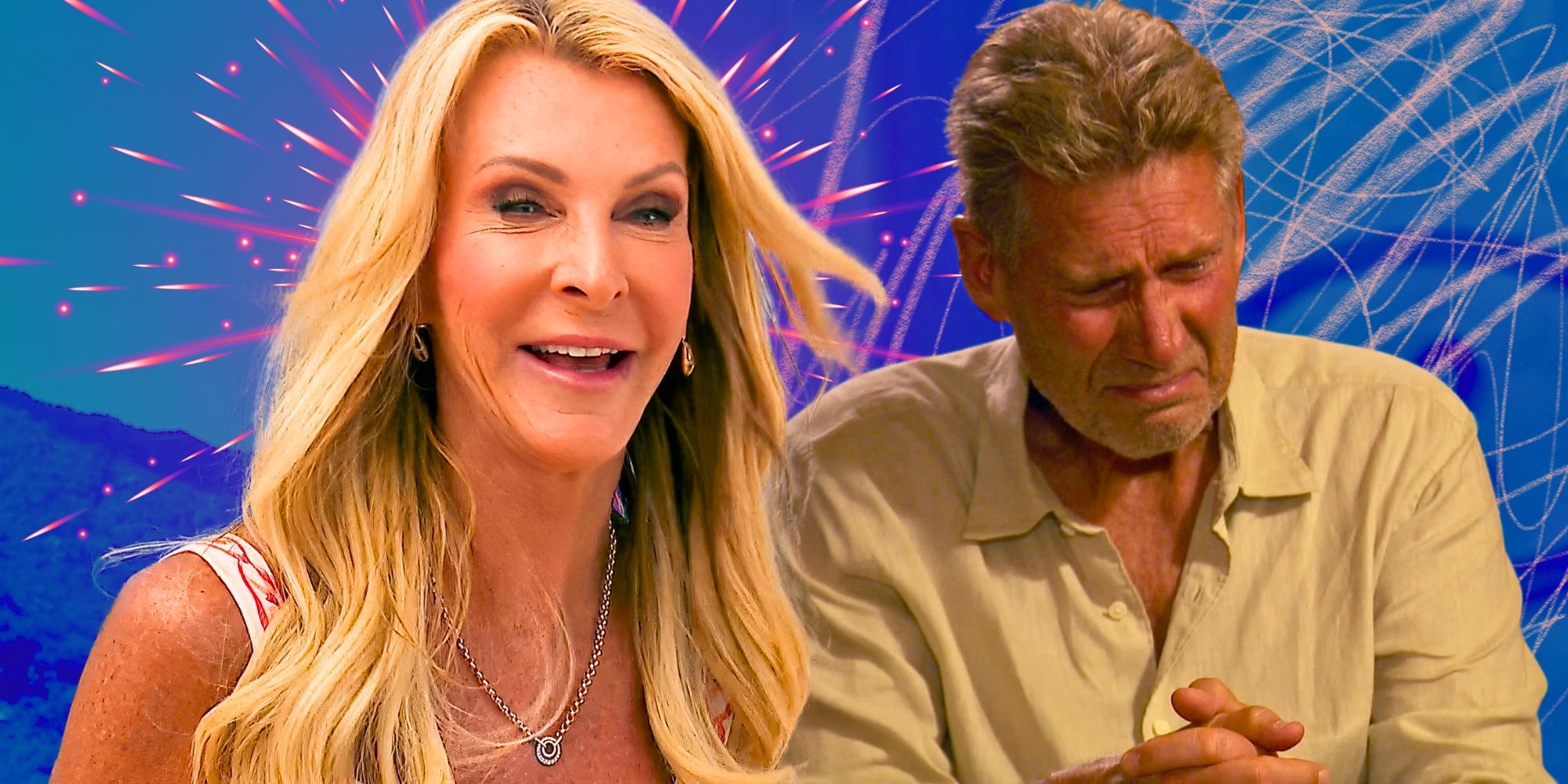 The Golden Bachelorette Joan Vassos smiling next to an image of Gerry Turner crying