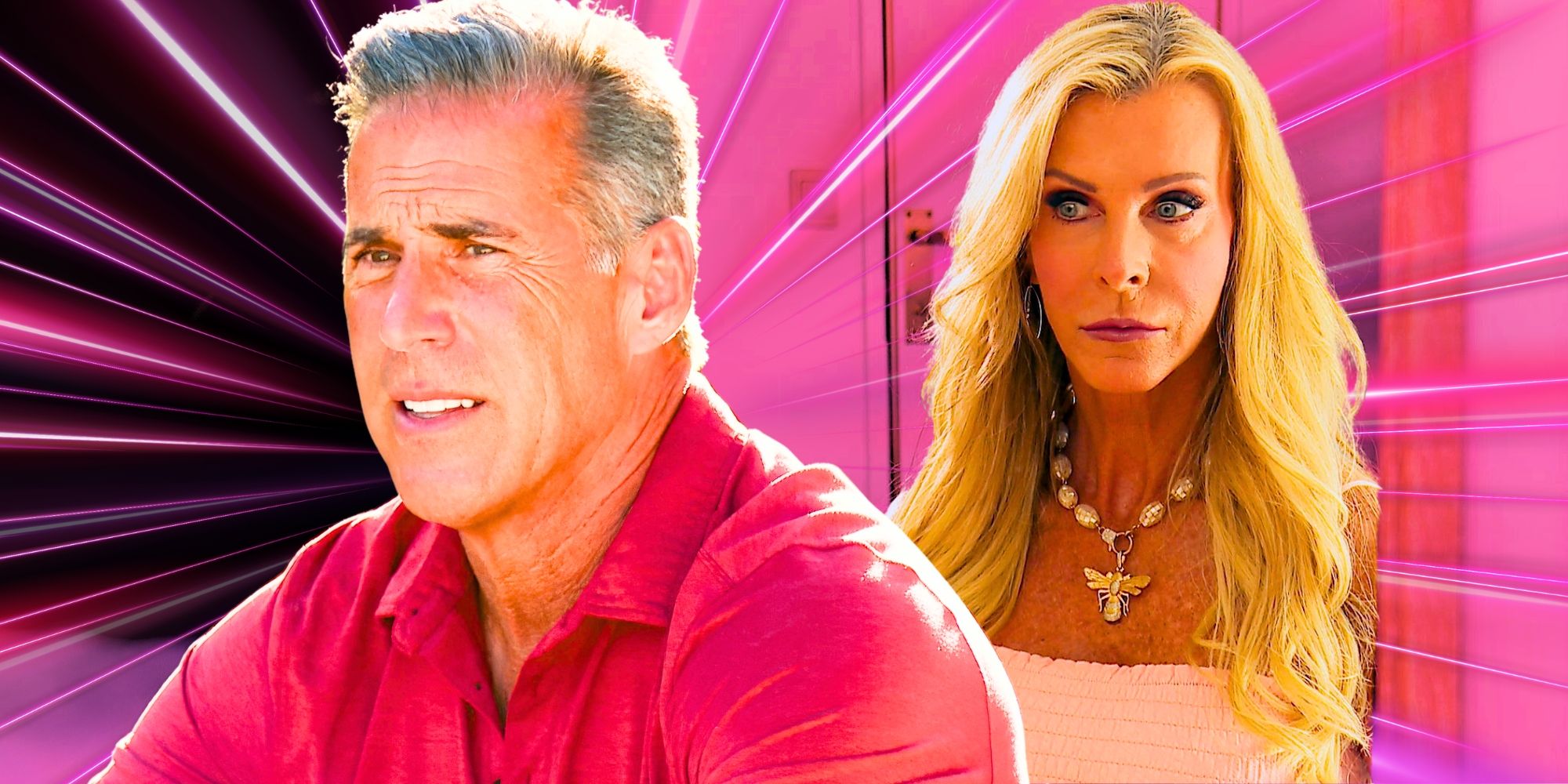 The Golden Bachelorette’s Guy Gansert looks concerned and Joan Vassos looks at him warily.