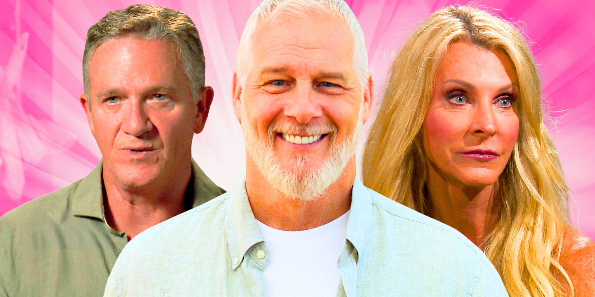 The Golden Bachelorette’s Mark Anderson smiles while flanked by serious Chock Chapple and Joan Vassos.