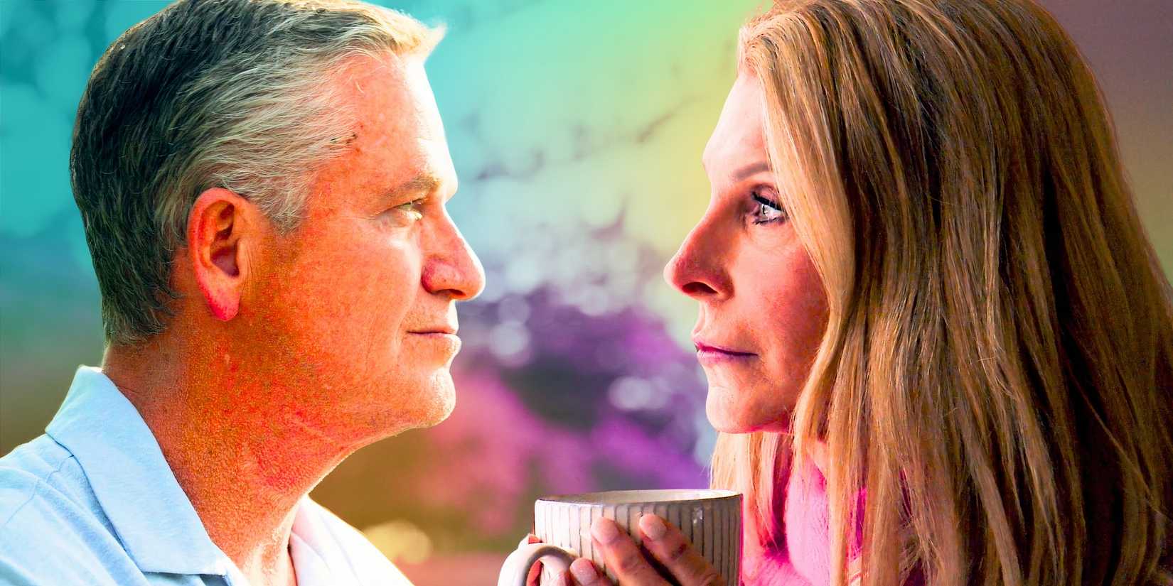 The Golden Bachelorette stars chock chapple and joan vassos in profil with her holding coffee mug and pastel background