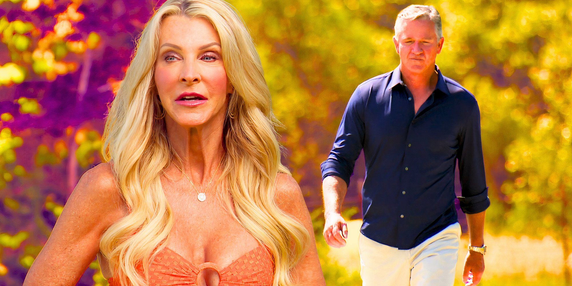 the golden bachelorette stars Joan Vassos and Chock Chapple in montage with outdoor background and him walking